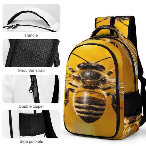 Golden Floral Bee Printed Unisex Backpack with large capacity showing handle, shoulder straps, double zippers, and side pockets.