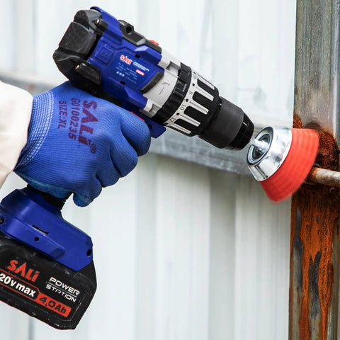 Cordless drill with Six Pack Nylon Filament Abrasive Wire Brush Wheel And Cup Brush Set For Rust Removal, cleaning a metal surface