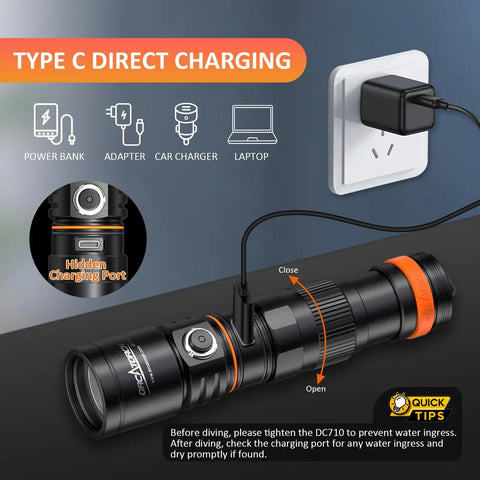 Type C Rechargeable Dive Light With 3000 Lumens Underwater Torch IP68 Submersible Flashlight For Deep Dives charging setup