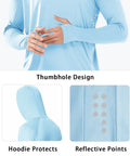 Men's UPF 50 Plus Sun Shield Hoodie Rash Guard with thumbhole, hood, and reflective points, skyblue color, close-up view