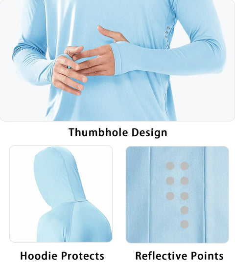 Men's UPF 50 Plus Sun Shield Hoodie Rash Guard with thumbhole, hood, and reflective points, skyblue color, close-up view