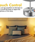 Tap To Dim 3 Way Bedside Table Lamp With Grey Fabric Shade in bedroom setting, touch control base, 4W dimmable bulb shown in use