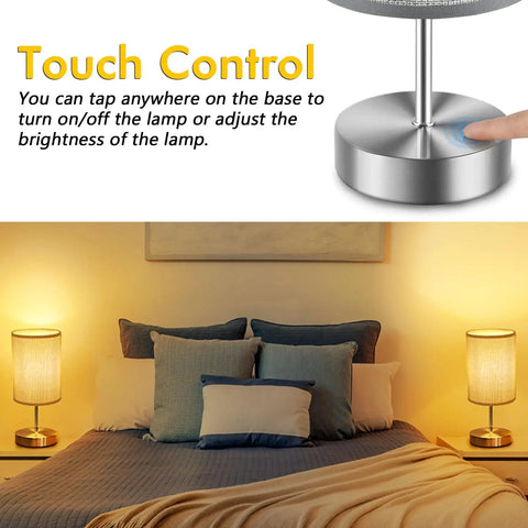 Tap To Dim 3 Way Bedside Table Lamp With Grey Fabric Shade in bedroom setting, touch control base, 4W dimmable bulb shown in use