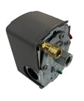 135 To 175 PSI Air Compressor Pressure Switch With Pumptrol Unloader Valve And On Off Switch, heavy duty grey casing, side view