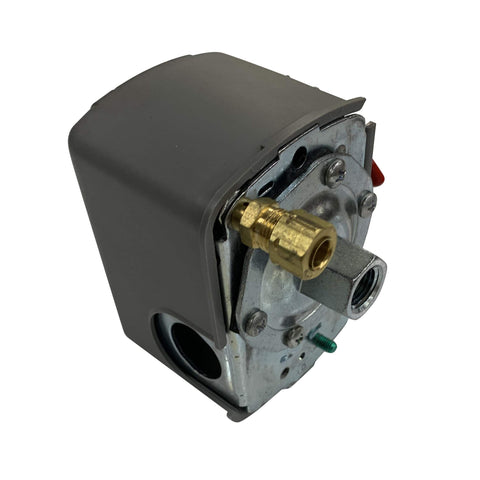 135 To 175 PSI Air Compressor Pressure Switch With Pumptrol Unloader Valve And On Off Switch, heavy duty grey casing, side view