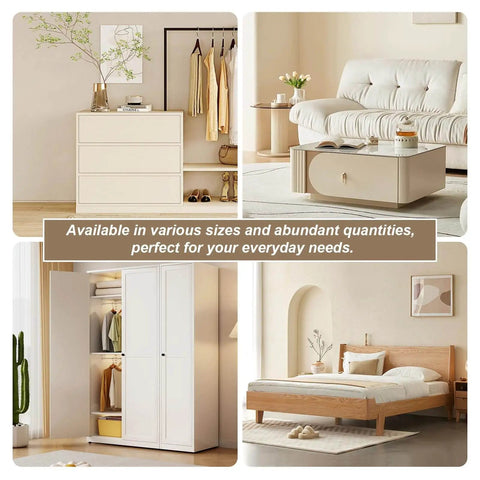 Interior scenes showcasing furniture including dresser, couch, wardrobe, and bed, illustrating application for leveling shims.