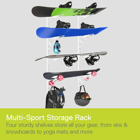 Rad 4 Tier Snowboard Wall Mount Rack With Extendable Ski Storage Shelf And Secure Helmet Pole Hooks For Your Ultimate Gnar Gear Stash Heavy Duty Steel Frame Includes All Hardware