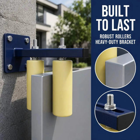 6 Inch Blue Powder Coat Slide Gate Roller With UHMW Nylon Wheel, 4.5 Inch Adjustable Arm, Sealed Bearings, Heavy Duty Build For Smooth Long Lasting Gate Operation mounted on sliding gate