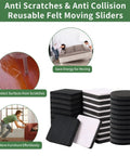 Heavy Duty Felt Furniture Movers Sliders For Hardwood Floors Two Point Five Inch Square Reusable Glides stacked and shown in use.