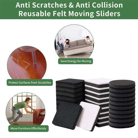 Heavy Duty Felt Furniture Movers Sliders For Hardwood Floors Two Point Five Inch Square Reusable Glides stacked and shown in use.