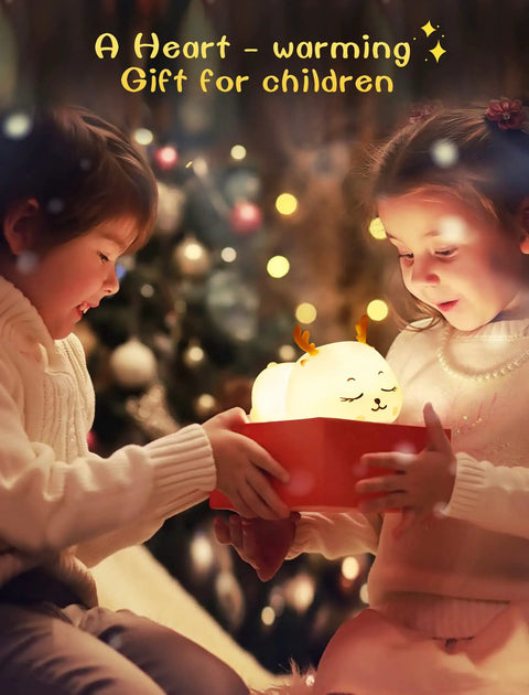 Children holding adorable cat shaped night light, USB rechargeable with multicolor LED, safe for babies and nursery decor.