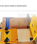 Heavy Duty Extended Plastic Safety Featherboard For Table Saw Woodworking With Miter Gauge Slot and Comfort Grip Knobs adjusting for wood thickness.
