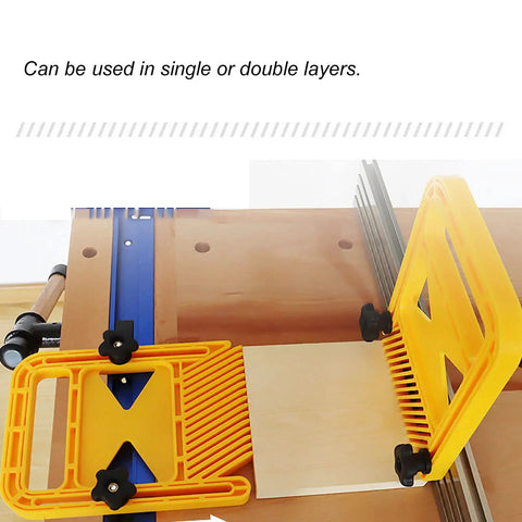 Heavy Duty Extended Plastic Safety Featherboard For Table Saw Woodworking With Miter Gauge Slot and Comfort Grip Knobs adjusting for wood thickness.
