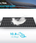 Flexible 200W 12V Solar Panel For Boats RVs Campers And Rigs, ultra lightweight design with feather and weight illustration