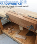 Essential Moxon Vise Hardware Kit for Woodworking Benches mounted on a bench, showing threaded rods and cast knobs in use