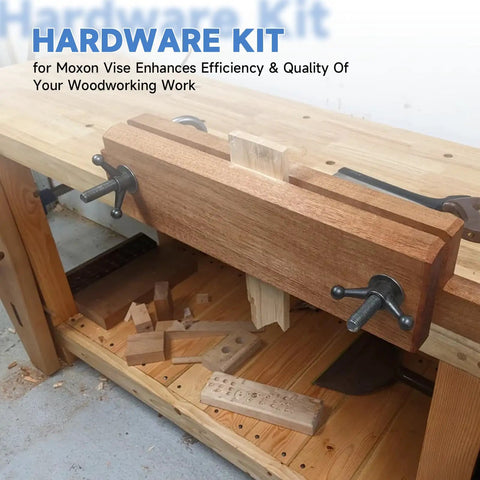 Essential Moxon Vise Hardware Kit for Woodworking Benches mounted on a bench, showing threaded rods and cast knobs in use
