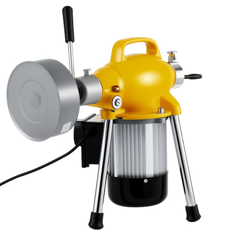 Pro Grade 500W Drain Cleaning Machine With Auto Feed Sewer Snake Auger And 66Ft Carbon Steel Cable To Blast Away Stubborn Clogs And Grease Buildup At Home - close-up view showing the yellow motor and steel cable drum.