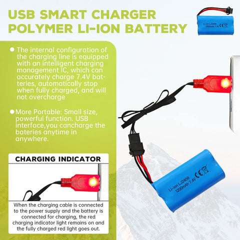USB charging cable with indicator and Two Pack 7.4V 1200mAh SM4P Plug Rechargeable Battery For EC08 RC Toy Car Model