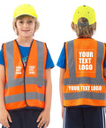 Premium Bright Orange Custom Printed Kids Reflective Vest High Visibility Safety Gear For School Run With Slick Adjustable Straps That Make Your Custom Print Look Absolutely Dope, shown on a child.