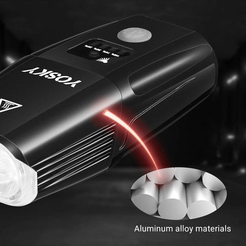 Close-up of USB Rechargeable Bike Light front headlight in aluminum alloy material