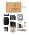 Slick Satin Nickel Smart Deadbolt Featuring Bump Proof Touchscreen Keypad For Hiccup Free Z Wave Hub Setup showing installation kit and parts.