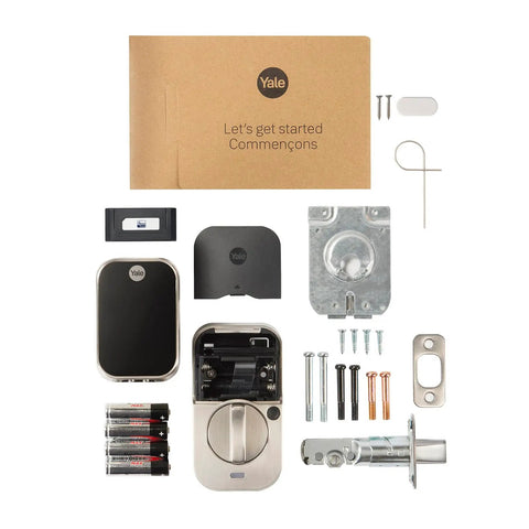 Slick Satin Nickel Smart Deadbolt Featuring Bump Proof Touchscreen Keypad For Hiccup Free Z Wave Hub Setup showing installation kit and parts.