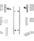 Detailed view of 24 Inch Stainless Steel Door Handle Set With Solid Standoffs, Built To Last Heavy Duty Commercial Grade 304 Stainless, Push Pull Barn Door Pulls, Glass Pulls, Mirror Polished Chrome Finish, showing components and features.