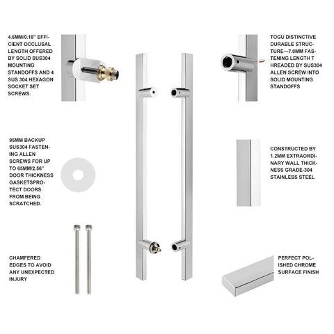 Detailed view of 24 Inch Stainless Steel Door Handle Set With Solid Standoffs, Built To Last Heavy Duty Commercial Grade 304 Stainless, Push Pull Barn Door Pulls, Glass Pulls, Mirror Polished Chrome Finish, showing components and features.