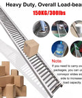 Super Heavy Duty 24 Inch Extra Wide Stainless Steel Roller Conveyor System That Folds Up Easy For Woodworking Shops, Factories And DIY Bosses Who Need A Durable Portable Setup To Move Heavy Loads Smoothly And Quickly Without The Drama. This image shows a stainless steel roller conveyor with packages.