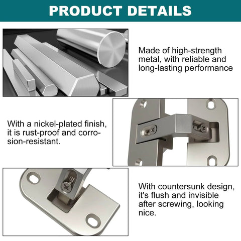 Adjustable Pie Cut Corner Cabinet Hinge With 78 Degree Opening shown in nickel-plated finish for Lazy Susan and bifold doors.