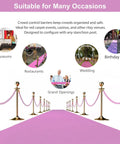 Two Pack Velvet Stanchion Rope Pink With Gold Hooks, Five Foot Party Barrier For VIP Events, Red Carpet Setup, Hanging Rope For Crowd Control And Upscale Event Decor shown in various event scenarios like weddings and museums.