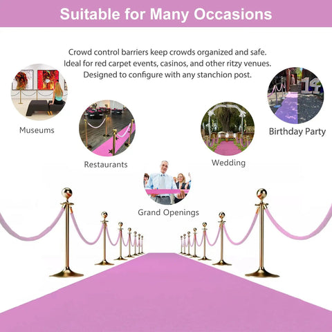 Two Pack Velvet Stanchion Rope Pink With Gold Hooks, Five Foot Party Barrier For VIP Events, Red Carpet Setup, Hanging Rope For Crowd Control And Upscale Event Decor shown in various event scenarios like weddings and museums.