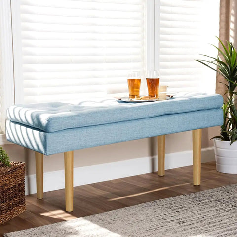 16 Inch Solid Rubber Wood Table Legs With M8 Hanger Bolts A Total Game Changer For Refreshing Your Setup Sleek Tapered Shape on a tufted bench.