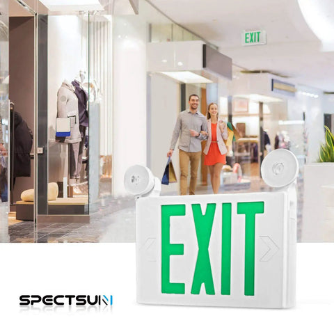 LED Exit Sign Battery Backup Emergency Light With Two Lamp Heads, Green Fire Exit Sign in retail mall setting
