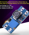 Ready To Rock Adjustable DC To DC Step Up Boost Converter With Tweakable 28V Output And Two Amp Peak Draw, close-up view of circuit board.