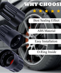 Close-up of 10 Pack TPMS Tire Valve Long Stem Caps Black Plastic For TR20008 TPMS Universal Fit next to car wheel.