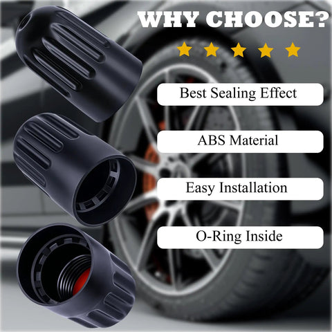 Close-up of 10 Pack TPMS Tire Valve Long Stem Caps Black Plastic For TR20008 TPMS Universal Fit next to car wheel.