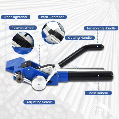 Tough Workhorse Steel Banding Tool And Ratchet Strapping Tensioner For Three Quarter Inch Stainless Strap with detail labels.