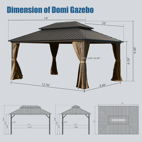 10x14 Ft Outdoor Gazebo With Hardtop And Curtains Netting Included, Galvanized Steel Frame, Weatherproof Patio Shelter