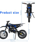 Awesome 50Cc Gas-Powered Kids Dirt Bike With 2-Stroke Engine Hits 35 Mph For Thrilling Off-Road Adventures And Easy Pull Start For Ages 8 To 14 dimensions displayed.