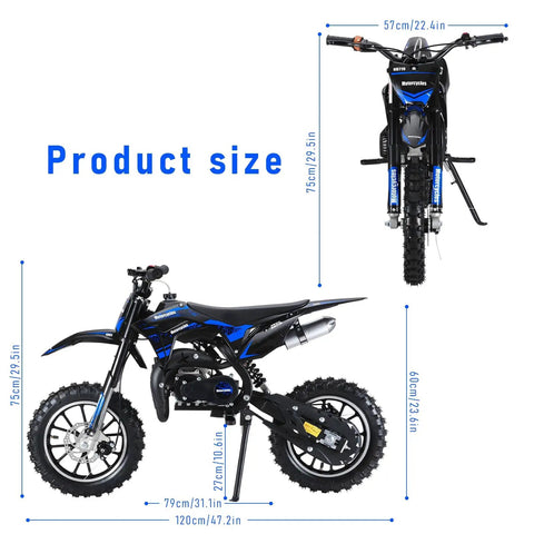 Awesome 50Cc Gas-Powered Kids Dirt Bike With 2-Stroke Engine Hits 35 Mph For Thrilling Off-Road Adventures And Easy Pull Start For Ages 8 To 14 dimensions displayed.