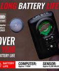 Padrone Wireless Bike Computer With Oversized Display And No GPS highlighting long battery life with CR2032 battery.