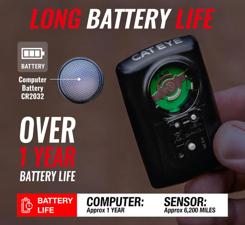 Padrone Wireless Bike Computer With Oversized Display And No GPS highlighting long battery life with CR2032 battery.