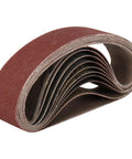 Ten Pack Aluminum Oxide Sanding Belts 1.2 X 13 Inch Tough As Nails for Mini Electric Belt Sander, stacked for use.