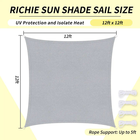 Upgrade 12x12 Sun Shade Sail Square Canopy For Outdoor Patio Backyard UV Block Water Resistant Heavy Duty 300D Fabric With Reinforced Seams Light Grey No Fuss Setup