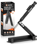Handy Multi Function Scribing Tool for Woodworking and Metalworking Adjustable Aluminum Alloy Scribe with Deep Hole Pencil Holder Lockable for Precise Marking Lines and Angles DIY Carpenter Gauge Five Point Five Inch Black standing beside the product packaging.