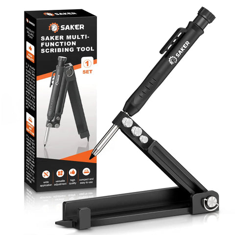 Handy Multi Function Scribing Tool for Woodworking and Metalworking Adjustable Aluminum Alloy Scribe with Deep Hole Pencil Holder Lockable for Precise Marking Lines and Angles DIY Carpenter Gauge Five Point Five Inch Black standing beside the product packaging.