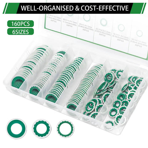 AC Compressor Seal Washers Kit 160 Piece Assortment With 6 Sizes For Automotive AC System Port Bonded Gasket Set in plastic case