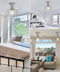 Semi Flush Mount Ceiling Light With Clear Glass Shade In Brushed Nickel Finish, Modern Retro Vibe in various room settings