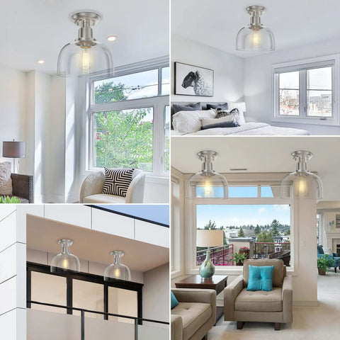 Semi Flush Mount Ceiling Light With Clear Glass Shade In Brushed Nickel Finish, Modern Retro Vibe in various room settings